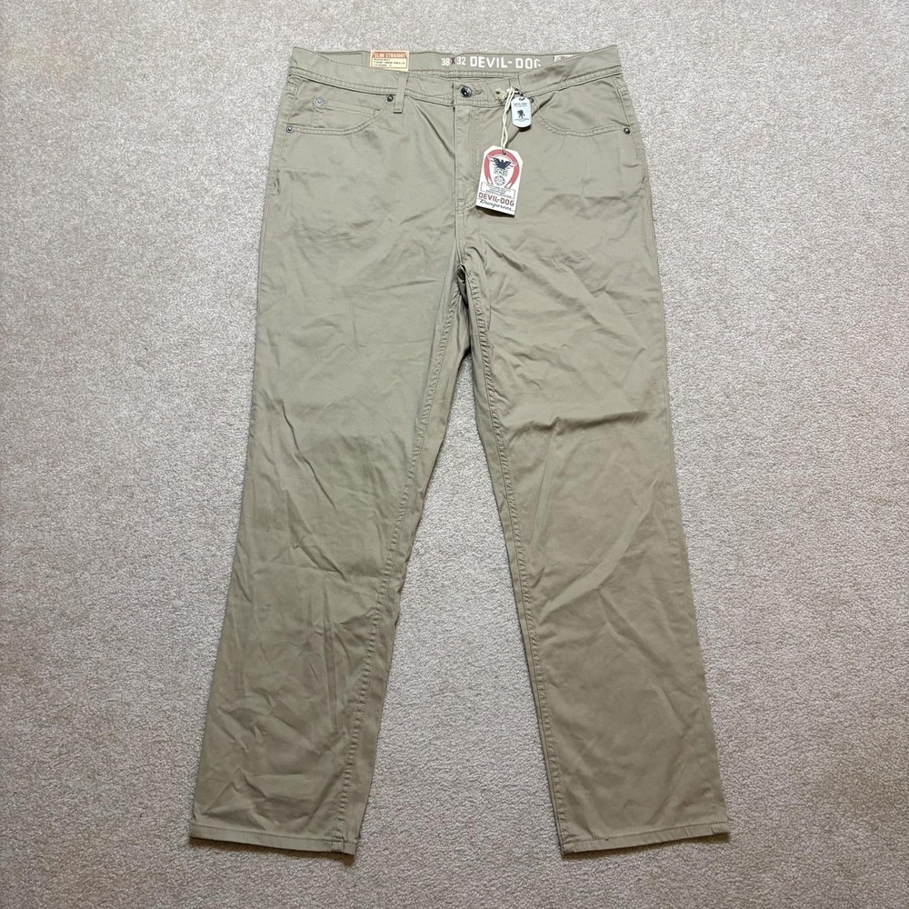 NWT Devil-Dog Dungarees Pants Mens 38x32 Beige Slim Straight Stretch Khaki WWP‎